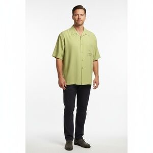 Nate Nast Men's Size Large Green Silk Short Sleeve Button Up Camp Shirt